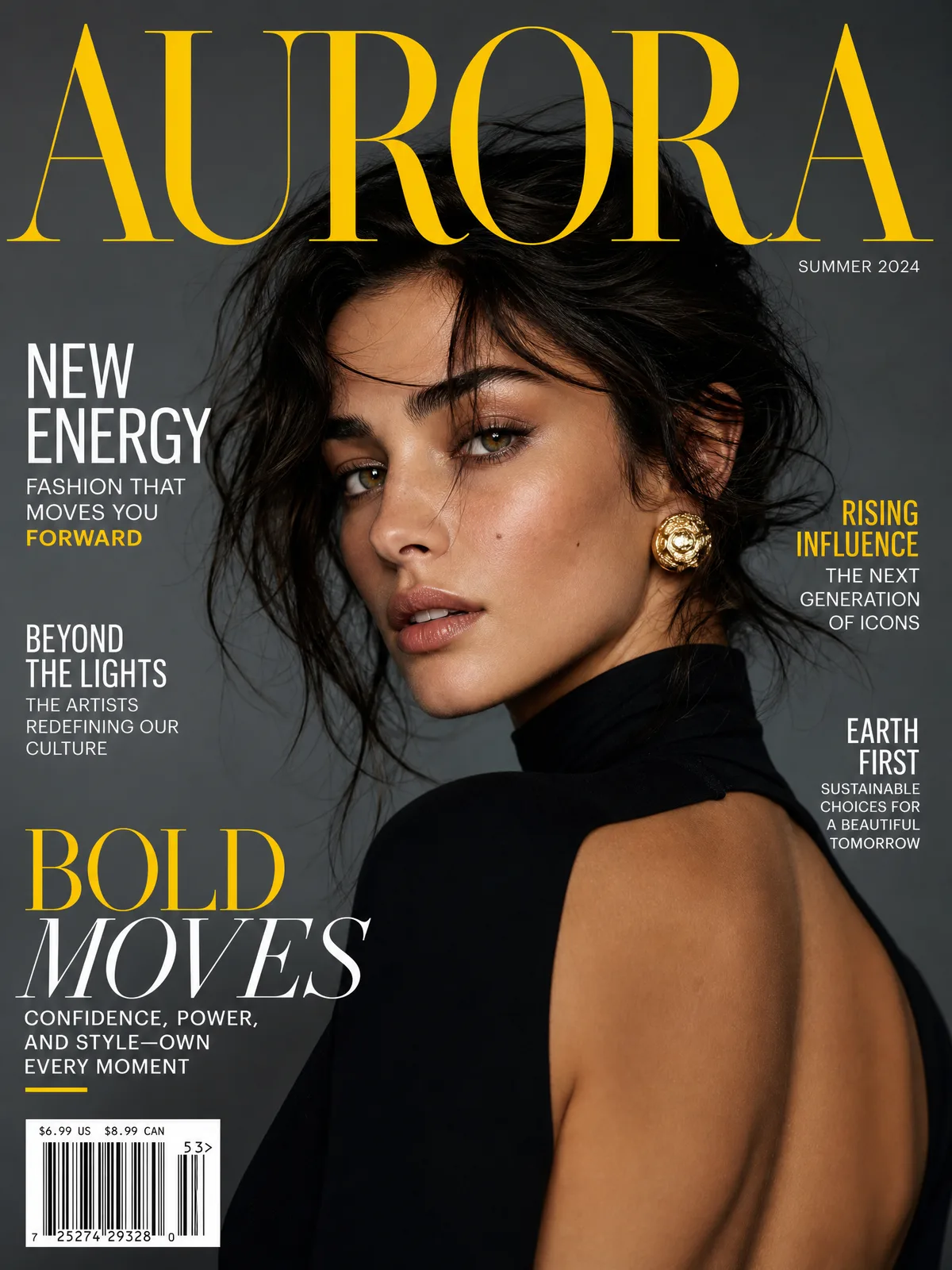 A fashion portrait composed as a magazine cover