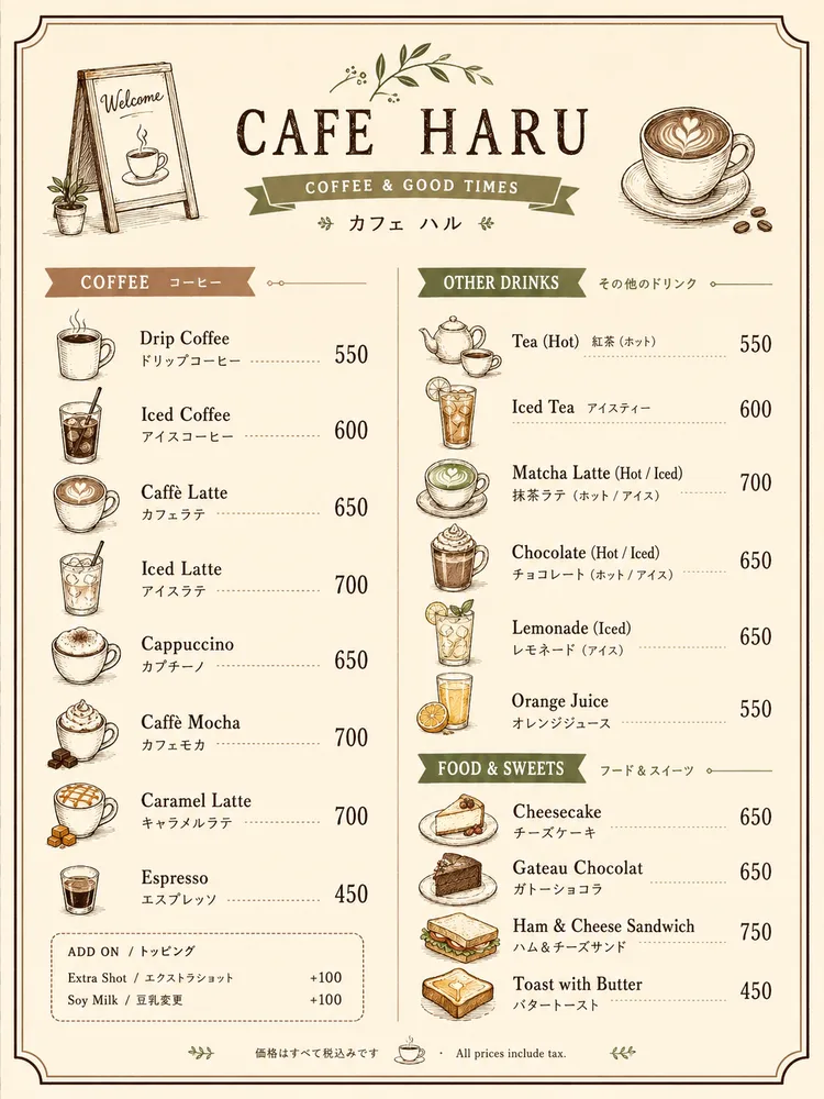 Bilingual English and Japanese cafe menu, aligned columns