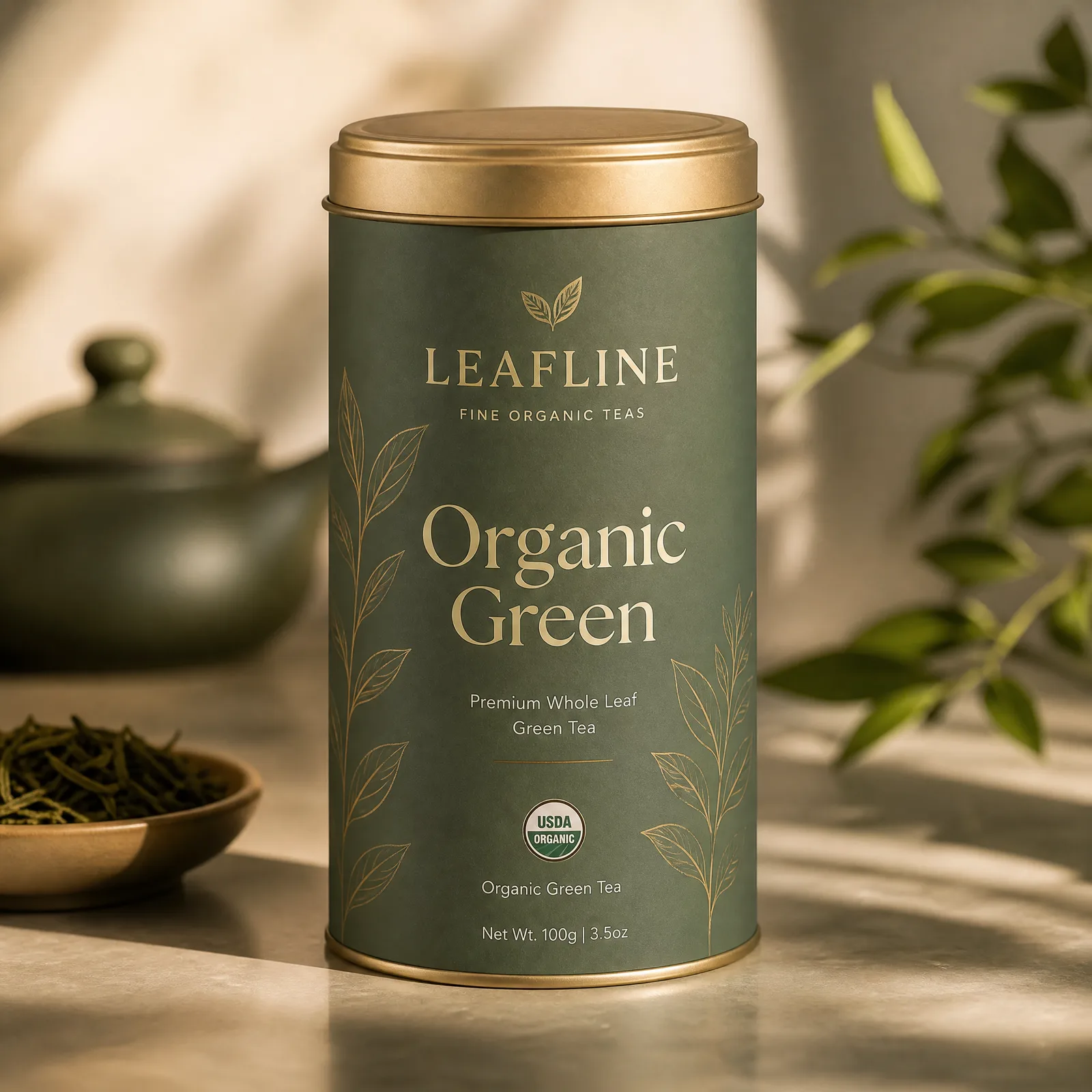 A premium tea tin package mockup in warm natural light