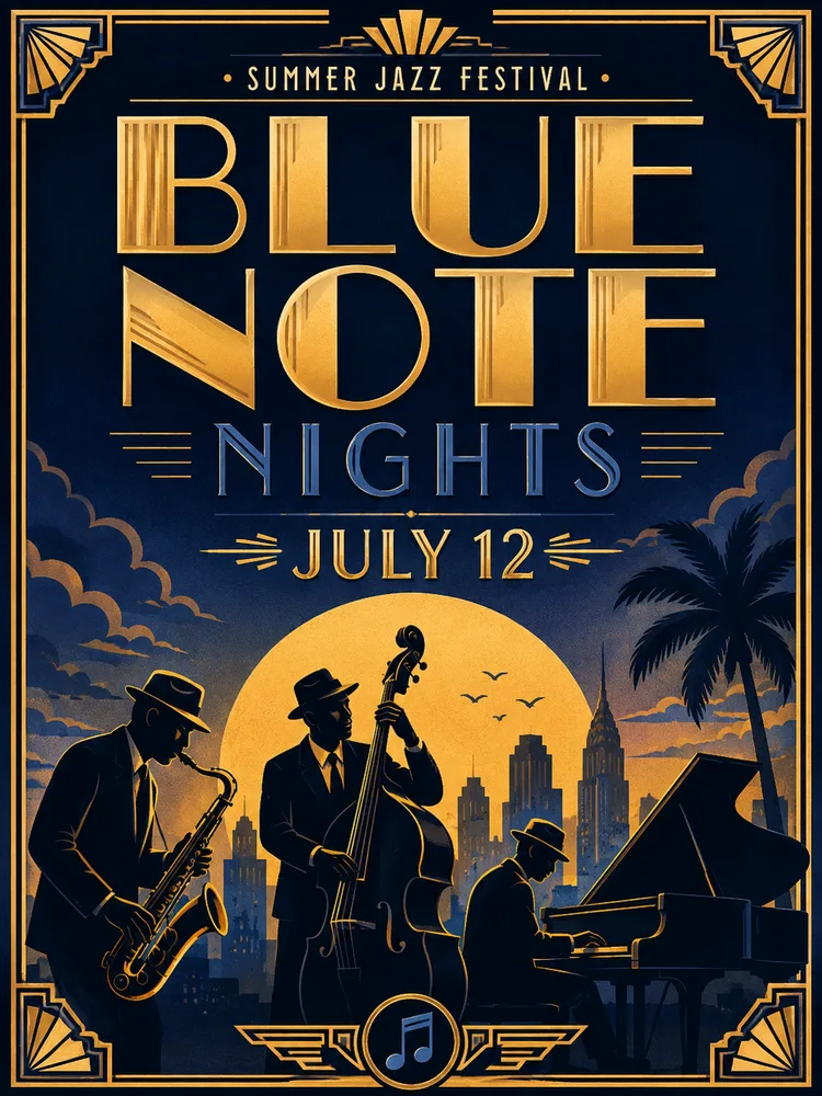 Art-deco jazz festival poster with crisp display typography