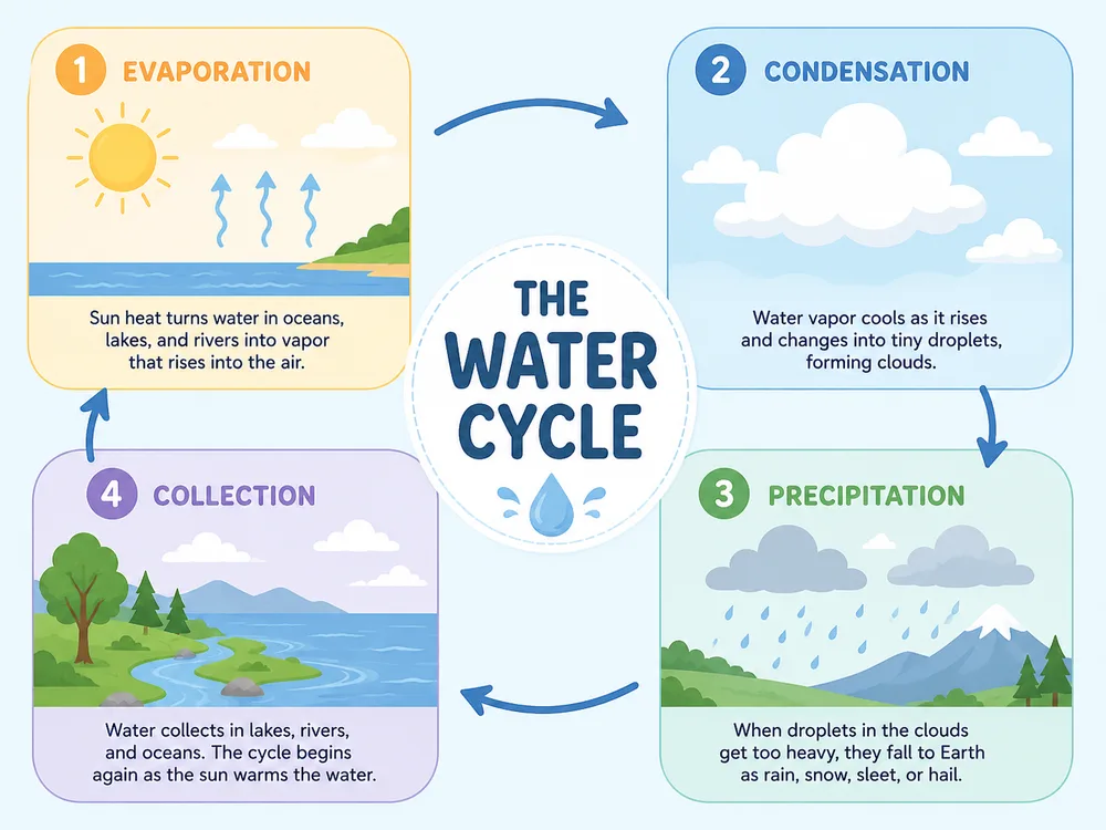 Water-cycle infographic with four labeled stages and arrows