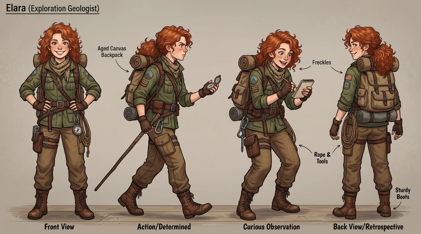 A stylized explorer character in multiple poses