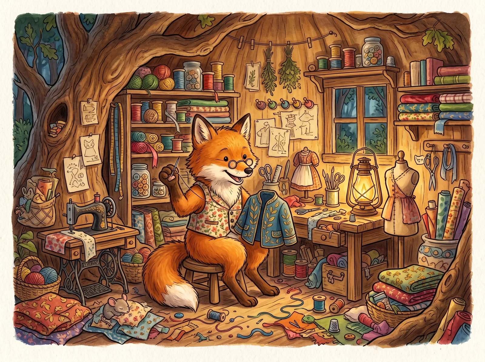 A warm storybook fox tailor in a busy workshop